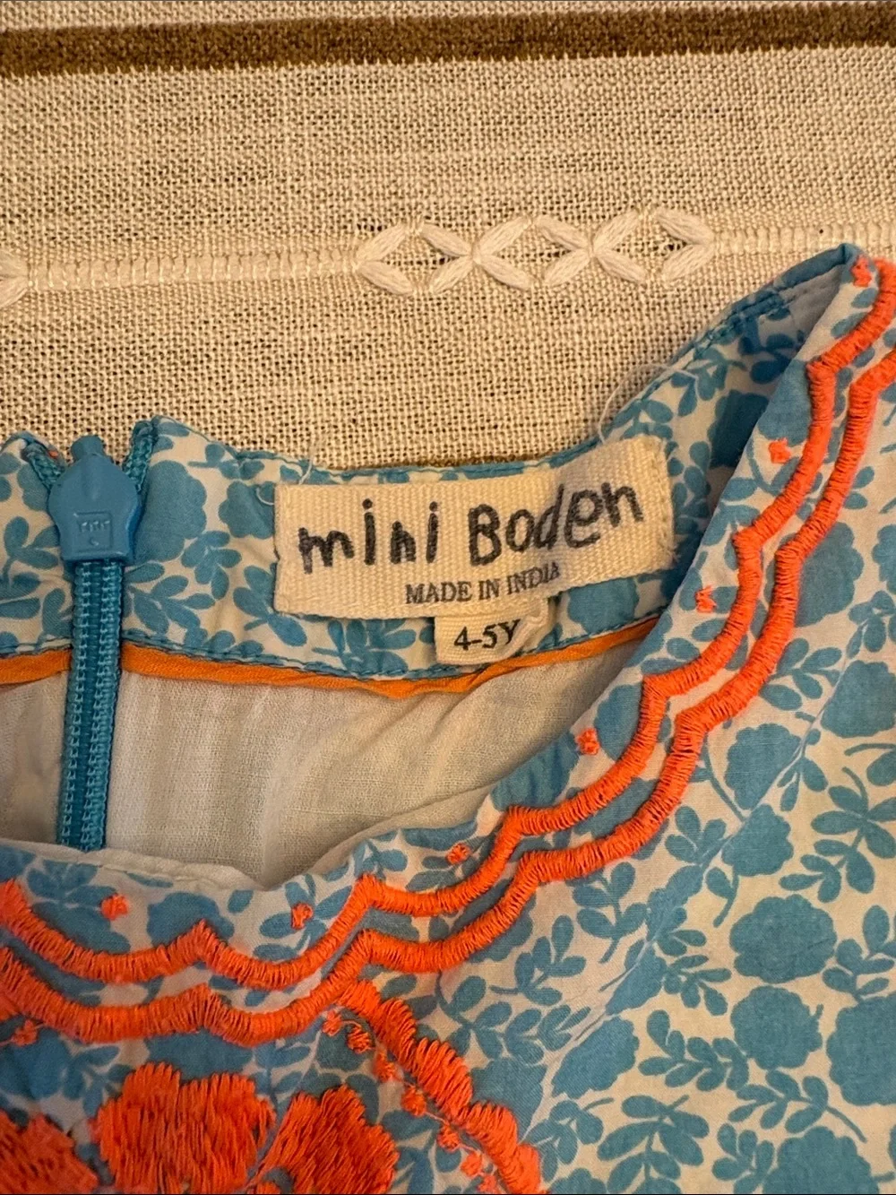 Mini Boden Blue Floral Dress with Coral Embroidery